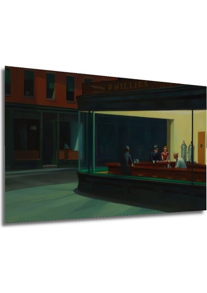 Edward Hopper - Gece Kuşları Yağlı Boya Görünümlü Ahşap Tablo Şık Yatay Duvar Dekorasyon Tablosu modelleri