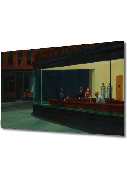 Edward Hopper - Gece Kuşları Yağlı Boya Görünümlü Ahşap Tablo Şık Yatay Duvar Dekorasyon Tablosu fırsatları