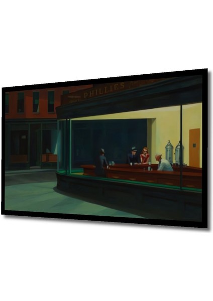 Edward Hopper - Gece Kuşları Yağlı Boya Görünümlü Ahşap Tablo Şık Yatay Duvar Dekorasyon Tablosu indirimleri