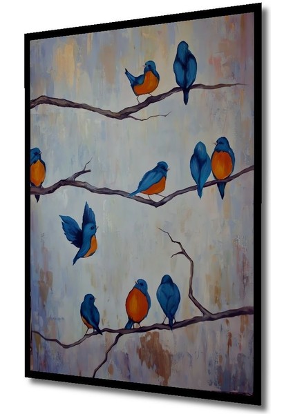 Dekoratif Dikey Yağlı Boya Görünümlü Daldaki Kuşlar Modern Sanat Duvar Tablo Ahşap Dikdörtgen Tablo indirimleri