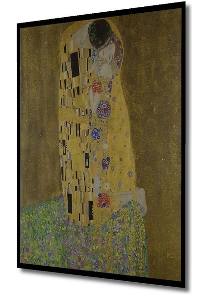 Dekoratif Öpücük Ahşap Tablo, Gustav Klimt Çerçeve Görünümlü Dikey Duvar Dekorasyon Tablosu
