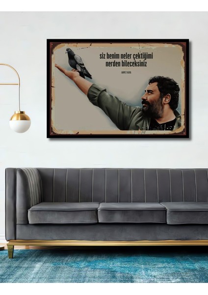 Dekoratif Tablo Ahmet Kaya Retro Ahşap Poster Şık Yatay Duvar Dekorasyon Tablosu
