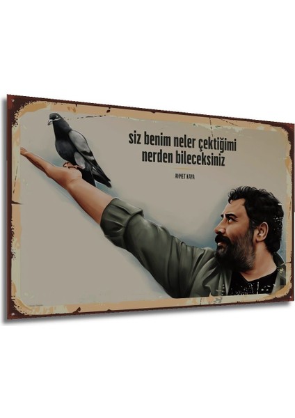 Dekoratif Tablo Ahmet Kaya Retro Ahşap Poster Şık Yatay Duvar Dekorasyon Tablosu