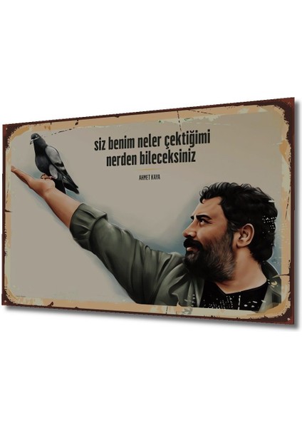 Dekoratif Tablo Ahmet Kaya Retro Ahşap Poster Şık Yatay Duvar Dekorasyon Tablosu