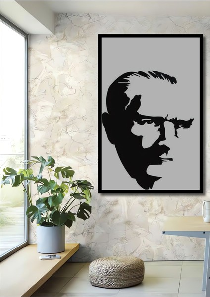 Dekoratif Dikey Karakalem Atatürk Duvar Tablo Ahşap Dikdörtgen Tablo