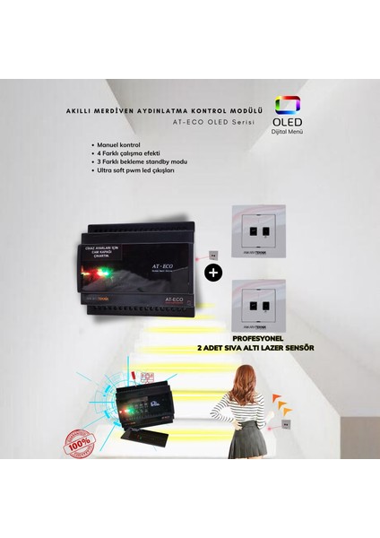 Akıllı Merdiven At-Eco OLED Serisi Akıllı Modül + 2 Adet Lazer Sensör (Profesyonel Lazer Sensör)