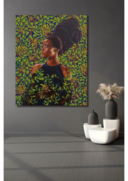 Dekoratif Dikey Modern Sanat Kadın ve Çiçek Desen Duvar Tablo Ahşap Dikdörtgen Tablo
