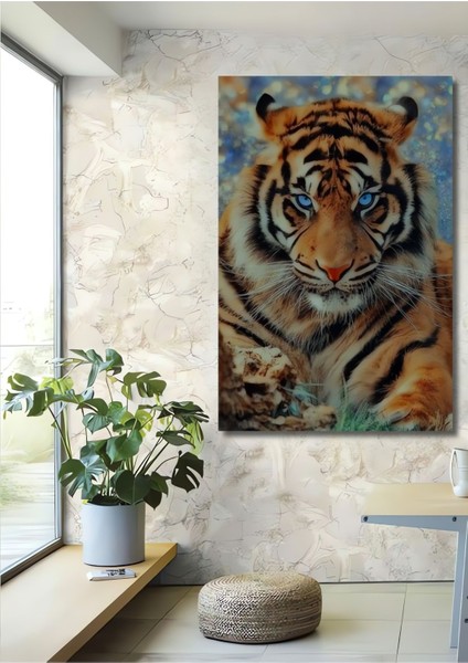 Dekoratif Dikey Mavi Gözlü Kaplan Duvar Tablo Ahşap Dikdörtgen Tablo