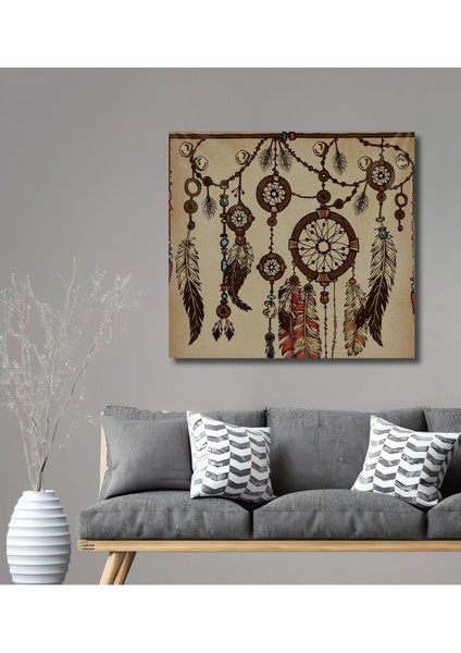 Dekoratif Ahşap Dream Catcher Kuş Tüylü Bohem Desen Tablo Şık Yatay Duvar Dekorasyon Tablosu