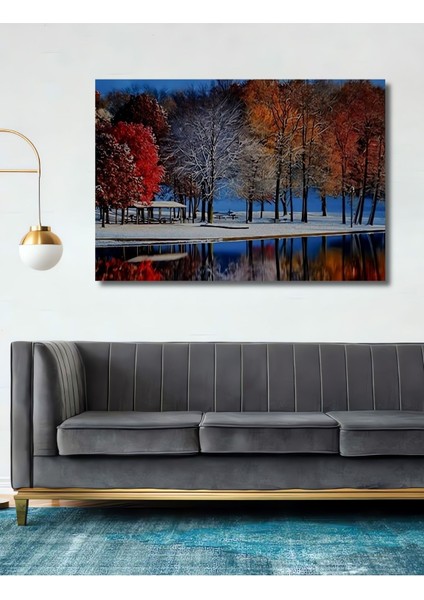 Dekoratif Göl ve Orman Manzarası Ahşap Tablo Şık Yatay Duvar Dekorasyon Tablosu