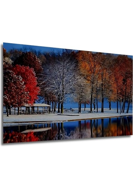 Dekoratif Göl ve Orman Manzarası Ahşap Tablo Şık Yatay Duvar Dekorasyon Tablosu modelleri