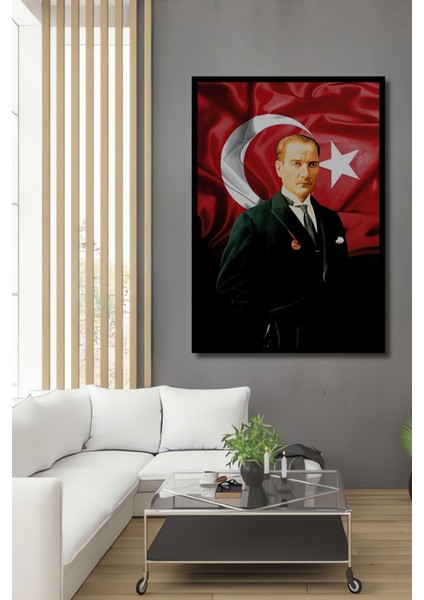 Ahşap Atatürk ve Türk Bayrağı - Dijital Tablo - Solmayan Canlı Renkler Çerçeve Görünümlü Duvar Tablo