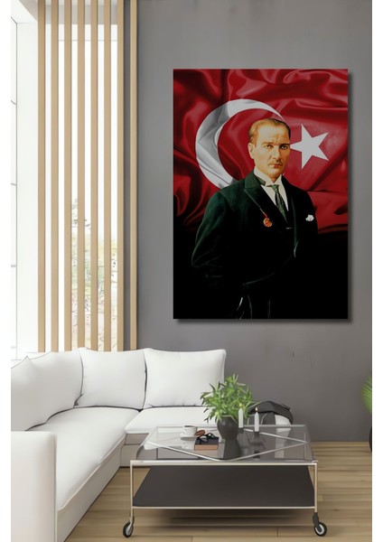 Ahşap Atatürk ve Türk Bayrağı - Dijital Tablo - Solmayan Canlı Renkler Çerçeve Görünümlü Duvar Tablo