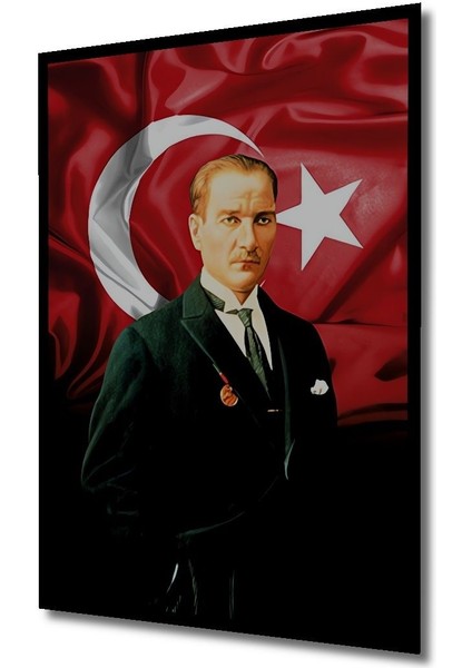 Ahşap Atatürk ve Türk Bayrağı - Dijital Tablo - Solmayan Canlı Renkler Çerçeve Görünümlü Duvar Tablo