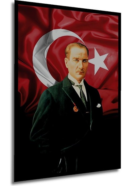 Ahşap Atatürk ve Türk Bayrağı - Dijital Tablo - Solmayan Canlı Renkler Çerçeve Görünümlü Duvar Tablo