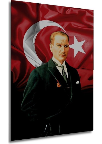 Ahşap Atatürk ve Türk Bayrağı - Dijital Tablo - Solmayan Canlı Renkler Çerçeve Görünümlü Duvar Tablo