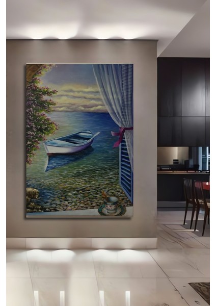 Dekoratif Dikey Pencerenin Ardındaki Sal Sanat Duvar Tablo Ahşap Dikdörtgen Tablo