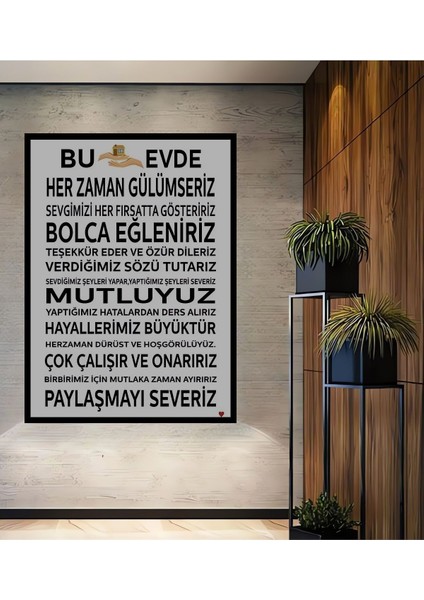 Ahşap Bu Evde Her Zaman Gülümseriz Yazısı Uv Mdf Tablo Seti Çerçeve Görünümlü Dikey Duvar Tablo
