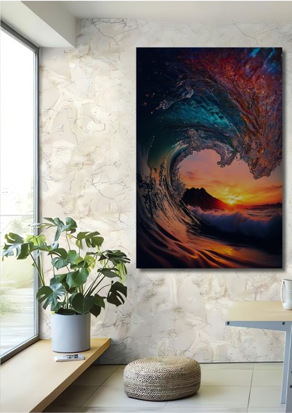 Dekoratif Dikey Dalganın Içinden Dağ Manzarası Duvar Tablo Ahşap Dikdörtgen Tablo
