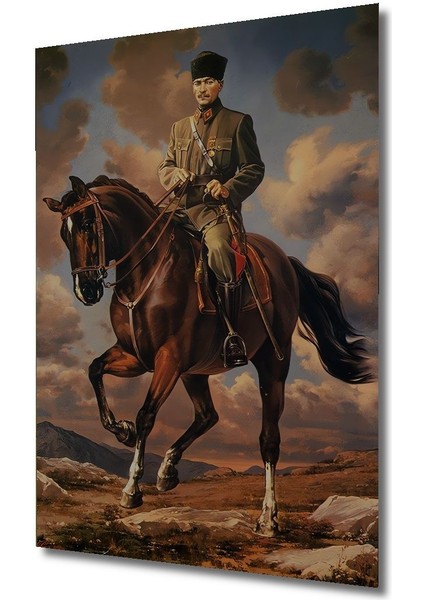 Dekoratif Dikey Atatürk At Biniyor Duvar Tablo Ahşap Dikdörtgen Tablo