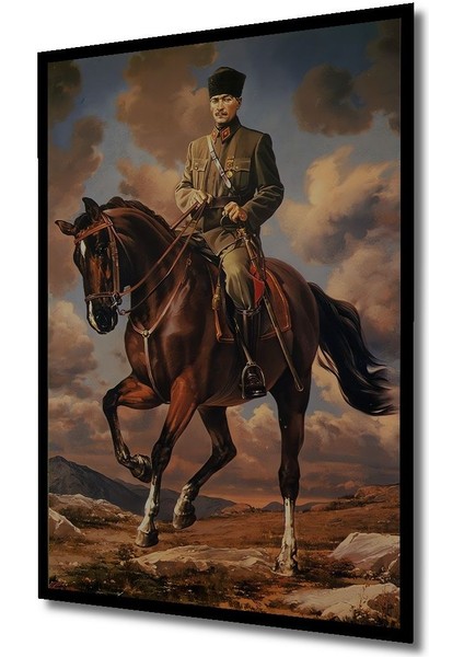 Dekoratif Dikey Atatürk At Biniyor Duvar Tablo Ahşap Dikdörtgen Tablo