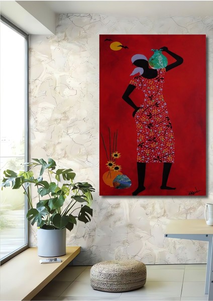 Dekoratif Dikey Afrikalı Kadın ve Sanat Duvar Tablo Ahşap Dikdörtgen Tablo
