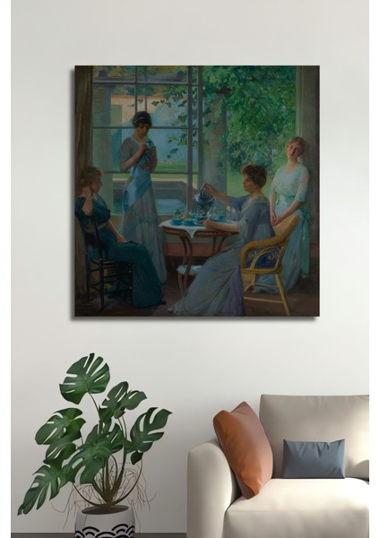 Dikey Modern Sanat Çay Saati Kadınlar Yağlı Boya Görünümlü Duvar Tablo Ahşap Dikdörtgen Tablo