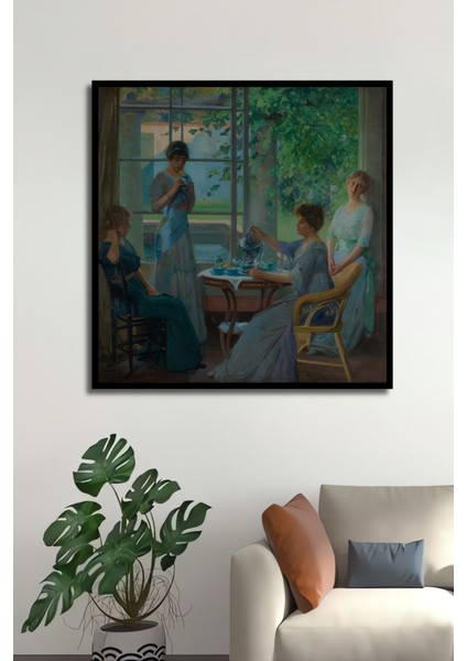 Dikey Modern Sanat Çay Saati Kadınlar Yağlı Boya Görünümlü Duvar Tablo Ahşap Dikdörtgen Tablo