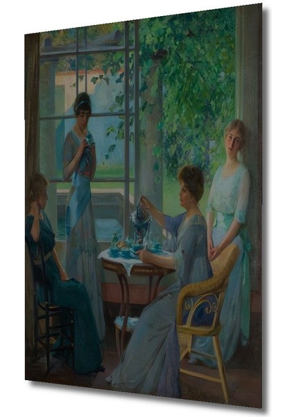 Dikey Modern Sanat Çay Saati Kadınlar Yağlı Boya Görünümlü Duvar Tablo Ahşap Dikdörtgen Tablo