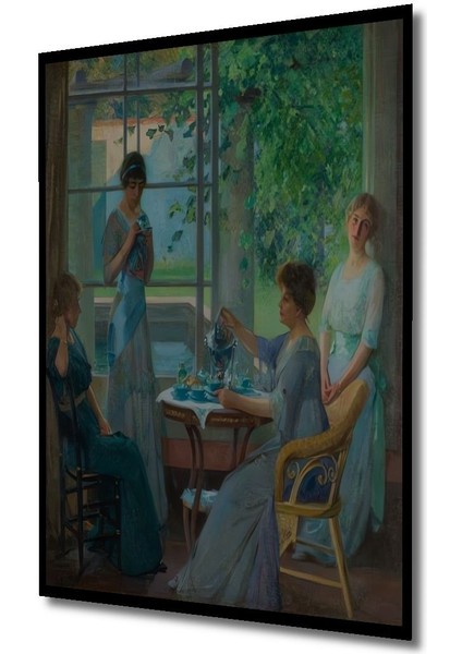 Dikey Modern Sanat Çay Saati Kadınlar Yağlı Boya Görünümlü Duvar Tablo Ahşap Dikdörtgen Tablo