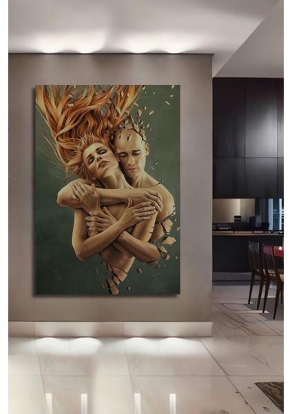 Dekoratif Dikey Sarılan Çift Sürreal Sanat Duvar Tablo Ahşap Dikdörtgen Tablo