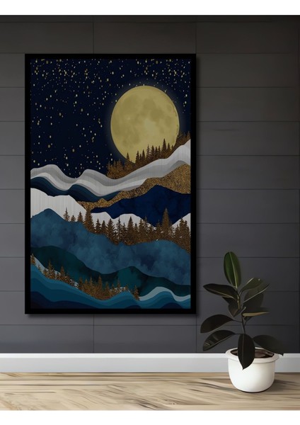 Ahşap Tablo Dağ 3 Boyutlu Dolunay Posteri Gökyüzü Manzarası Sanat Çerçeve Görünümlü Duvar Tablo