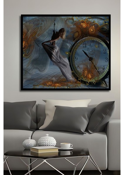 Dekoratif Yatay Saat ve Kadın Modern Sanat Duvar Tablo Ahşap Dikdörtgen Tablo