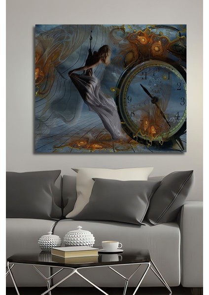 Dekoratif Yatay Saat ve Kadın Modern Sanat Duvar Tablo Ahşap Dikdörtgen Tablo fiyatları