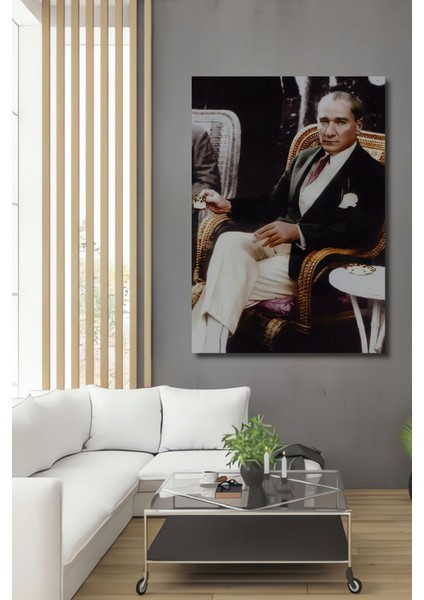 Dekoratif Dikey Kahve Içen Atatürk Duvar Tablo Ahşap Dikdörtgen Tablo