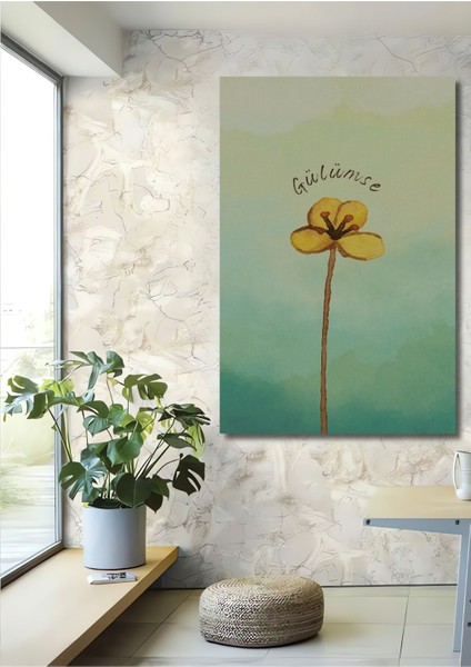 Dekoratif Dikey Gülümse Yazılı Çiçek Sanat Duvar Tablo Ahşap Dikdörtgen Tablo