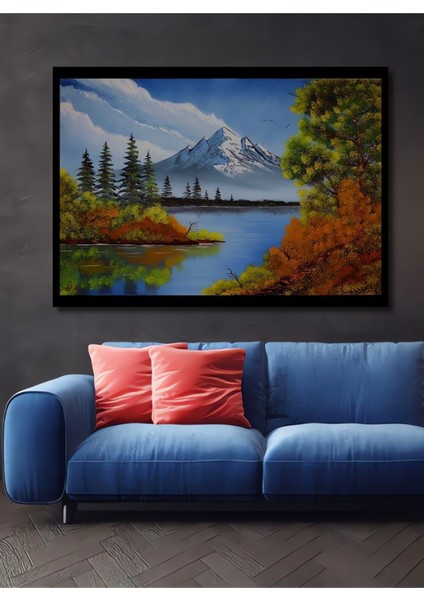 Dekoratif Yatay Göl ve Dağ Manzara Duvar Tablo Ahşap Dikdörtgen Tablo