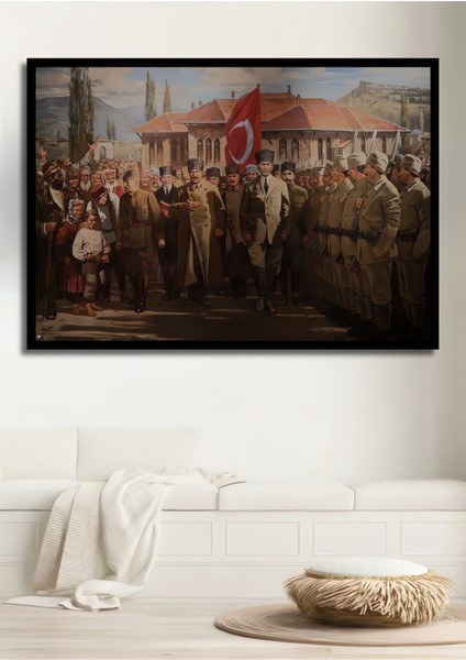 Dekoratif Yatay Halk Askerler ve Atatürk Duvar Tablo Ahşap Dikdörtgen Tablo