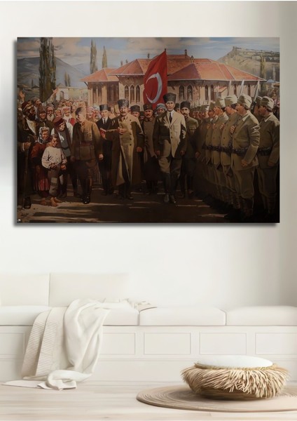 Dekoratif Yatay Halk Askerler ve Atatürk Duvar Tablo Ahşap Dikdörtgen Tablo
