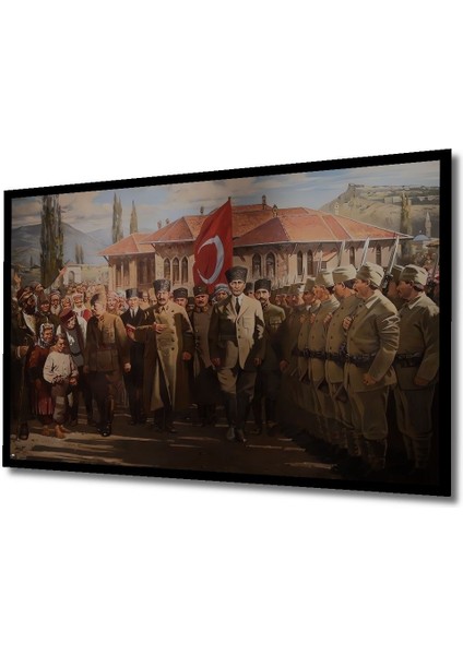 Dekoratif Yatay Halk Askerler ve Atatürk Duvar Tablo Ahşap Dikdörtgen Tablo