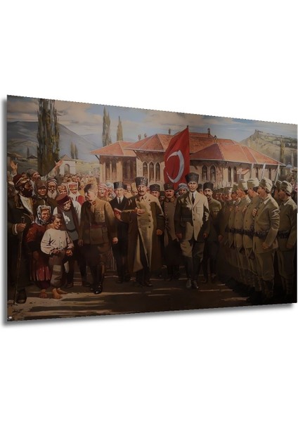 Dekoratif Yatay Halk Askerler ve Atatürk Duvar Tablo Ahşap Dikdörtgen Tablo