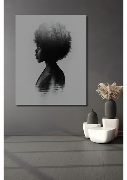 Dekoratif Dikey Siyahi Kadının Saçındaki Orman Duvar Tablo Ahşap Dikdörtgen Tablo