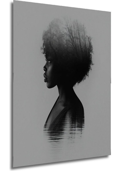 Dekoratif Dikey Siyahi Kadının Saçındaki Orman Duvar Tablo Ahşap Dikdörtgen Tablo modelleri