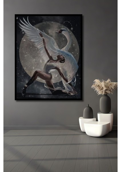 Ahşap Kuğu ve Balerin Marcel Sanat Elmas Mozaik Tablo Çerçeve Görünümlü Dikey Duvar Dekorasyon Tablo