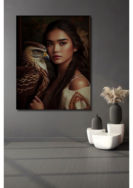 Dekoratif Dikey Kadın ve Yırtıcı Kuş Modern Sanat Duvar Tablo Ahşap Dikdörtgen Tablo