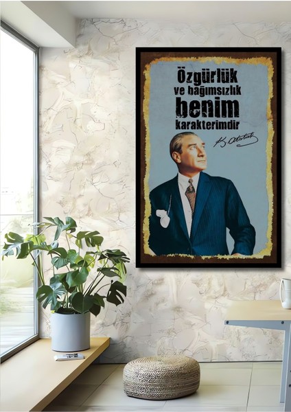 Mustafa Kemal Atatürk Temalı Atatürk Tablosu,mdf Ahşap Dijital Retro Çerçeve Görünümlü Duvar Tablo