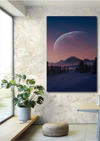 Dekoratif Dikey Karlı Dağ ve Ay Manzara Duvar Tablo Ahşap Dikdörtgen Tablo