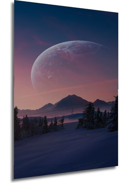 Dekoratif Dikey Karlı Dağ ve Ay Manzara Duvar Tablo Ahşap Dikdörtgen Tablo modelleri