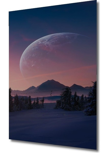 Dekoratif Dikey Karlı Dağ ve Ay Manzara Duvar Tablo Ahşap Dikdörtgen Tablo fırsatları