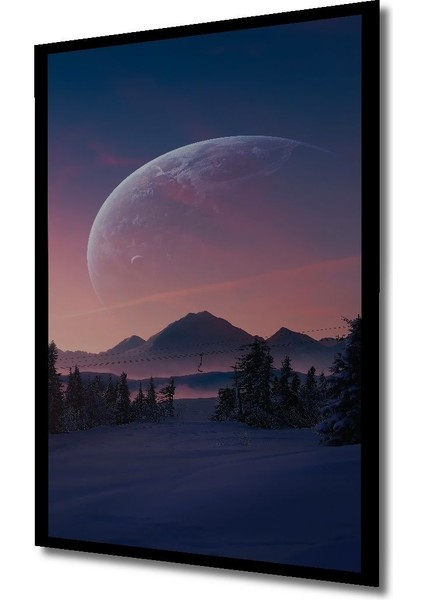 Dekoratif Dikey Karlı Dağ ve Ay Manzara Duvar Tablo Ahşap Dikdörtgen Tablo indirimleri